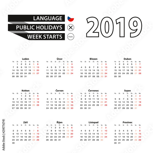 Calendar 2019 in Czech language, week starts on Monday.