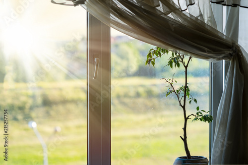 Sunlight through the window into the room, the curtain is pushed aside.