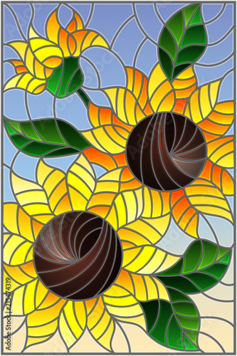 illustration-in-stained-glass-style-with-a-bouquet-of-sunflowers-flowers-buds-and-leaves-of-the-flower-on-sky-background