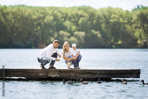 Happy Mom Dad And Son Feed The Ducks On A Sunny Day Happy Mom Dad And Son Feed The Ducks On A Sunny Day