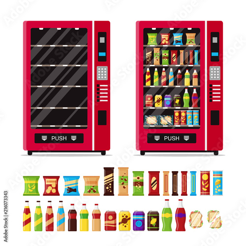 Empty and full vending machine with snacks and drinks isolated on white background. Automat with fast food snacks, drinks, nuts, chips, cracker, juice, sandwich. Flat illustration in vector