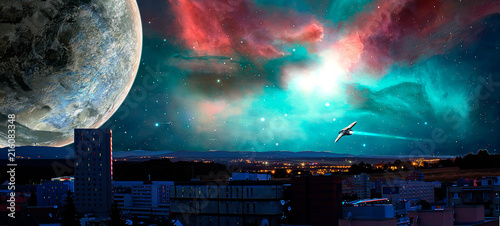 Sci-fi city with nebula, planet and spaceships, photo manipulation © Space Creator