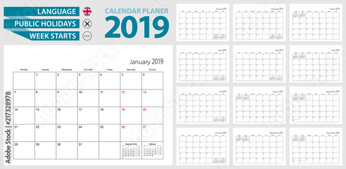 Wall calendar planner for 2019. English language, week starts from Monday.