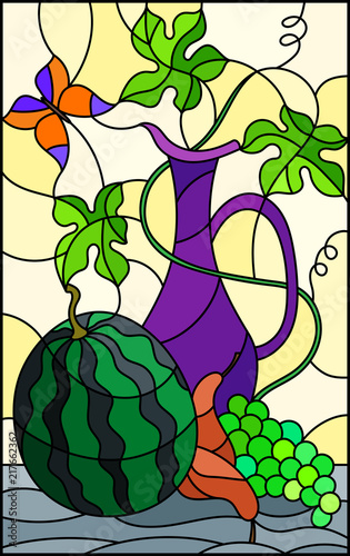 illustration-in-stained-glass-style-with-still-life-fruits-berries-and-pitcher-on-ight-background