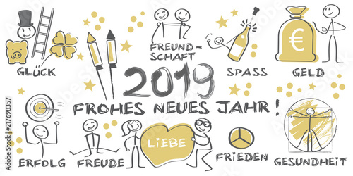 2019 Frohes neues Jahr illustrierte Grußkarte mit Symbolen - gold schwarz © Trueffelpix