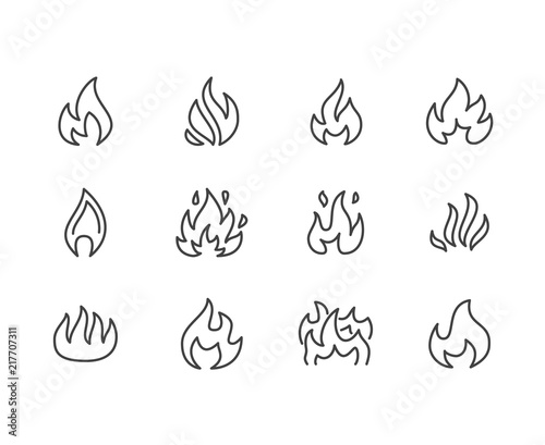 Fire flat line icons. Flame shapes silhouette, bonfire vector illustration, flammable warning sign.