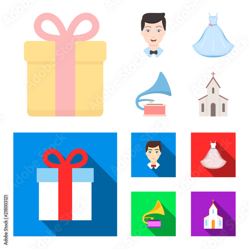 Wedding dress, groom, gramophone, church. Wedding set collection icons in cartoon,flat style vector symbol stock illustration web. © pandavector