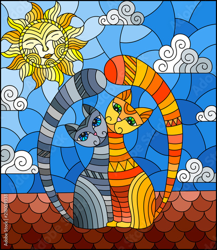 a-couple-of-cats-in-stained-glass-abstract-style-sitting-on-the-roof-against-the-cloudy-sky-and-the-sun