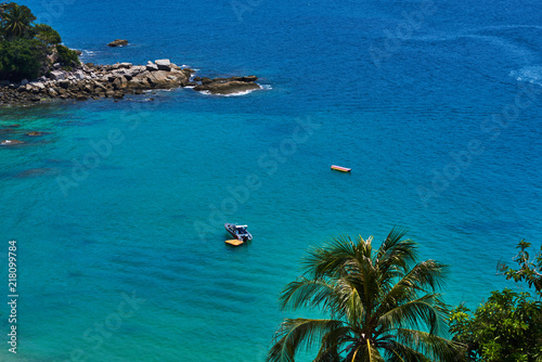 Exotic Coast With Beautiful Beach With Moored Fishing Boat Top View Of Tropical Island With Exotic Coast With Beautiful Beach With Moored Fishing Boat Top View Of Tropical Island With