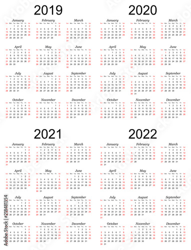 Four year calendar - 2019, 2020, 2021 and 2022 in white ...