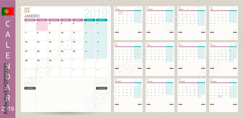 Portuguese calendar 2019 / Portuguese calendar planner 2019, week starts on Monday, set of 12 months January - December, simple calendar template, set desk calendar template, vector illustration