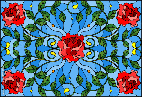 illustration-in-stained-glass-style-with-red-rose-branches-on-blue-background-rectangular-image