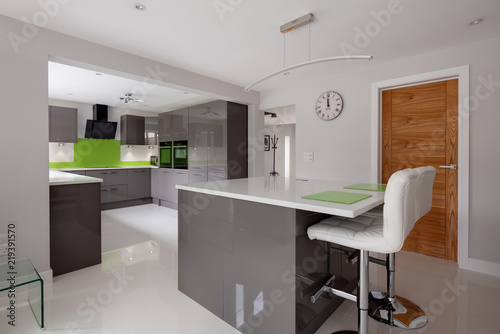 Contemporary Ed Kitchen In Striking Lime Green Grey And White Contemporary Ed Kitchen In Striking Lime Green Grey And White Colour Scheme With Built