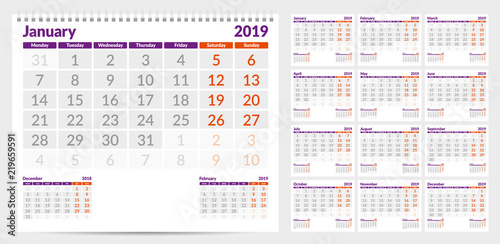 Calendar 2019. Week start from Monday. Set of 12 Months. Ready for print. Vector Illustration