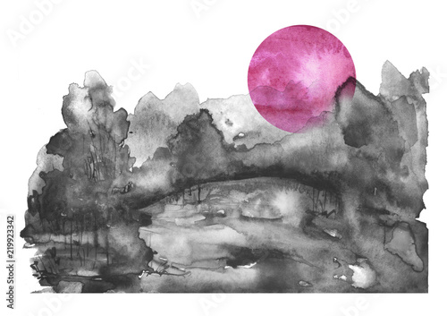 watercolor-banner-logo-postcard-black-silhouette-of-the-forest-pine-spruce-birch-poplar-maple-watercolor-landscape-black-splash-of-paint-abstract-spots-beautiful-drawing-red-pink-sun