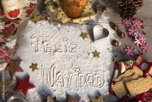 feliz navidad spanish text made with flour surrounded by christmas decorations - Spanish Christmas Decorations feliz navidad spanish text made with flour surrounded by christmas decorations - Spanish Christmas Decorations