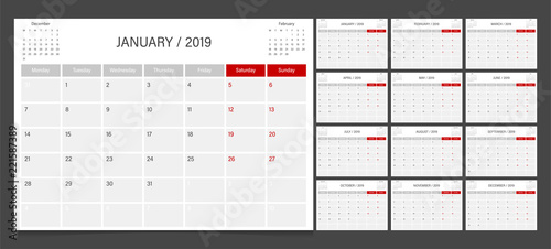 2019 calendar planner set week start Monday corporate design template vector.