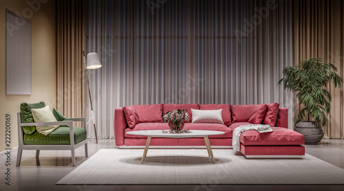 Modern design interior living room, red sofa with green chair, night scene © snorkulencija