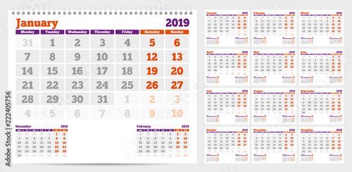 Calendar 2019. Week start from Monday. Set of 12 Months. Ready for print. Vector Illustration