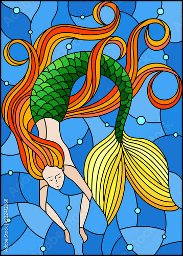 illustration-in-stained-glass-style-with-mermaid-with-long-red-hair-on-water-and-air-bubbles-background