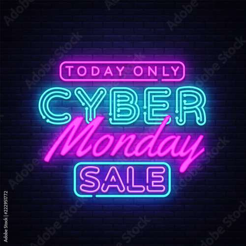 Cyber Monday banner in fashionable neon style, luminous signboard, nightly advertising advertisement of sales rebates of cyber Monday. Vector Illustration