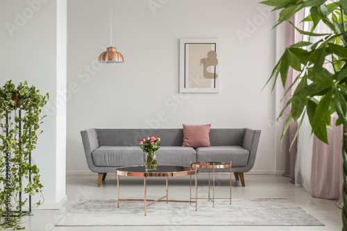 Close-up of leaves in an elegant living room interior with a grey couch and copper tables decorated with roses. Real photo © Photographee.eu