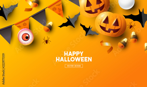 Halloween holiday party Composition with Jack O' Lantern pumpkins, party decorations and sweets on a orange background. Top view vector illustration. © James Thew