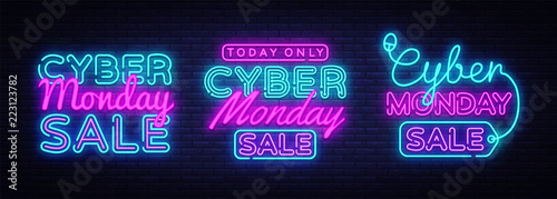 Big collectin neon signs for Cyber Monday. Neon Banner Vector. Cyber Monday neon sign, design template, modern trend design, night light signboard, night bright advertising. Vector illustration