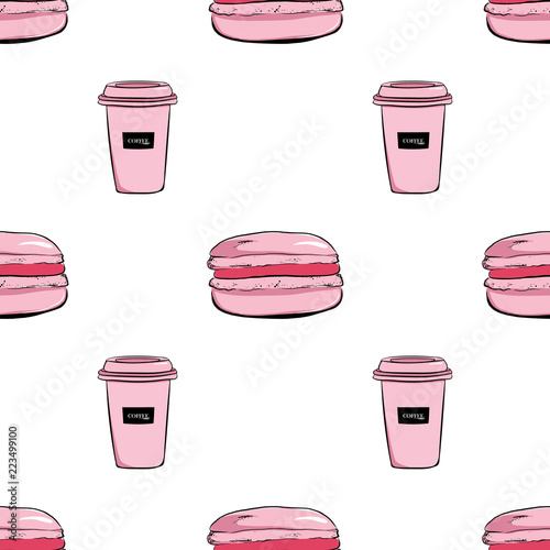 pociagany-recznie-bezszwowy-wzor-rozowa-filizanka-kawy-i-macaroons-macarons-deserow-ilustracje-szkice-wektorowe-fasonuje-rocznik-ilustracyjnej-sztuki-pastelowych-kolory-na-bialym-tle