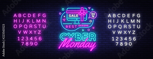 Cyber Monday, discount sale concept Vector illustration in neon style, online shopping and marketing concept. Neon luminous signboard, bright banner, Light advertisement. Editing text neon sign