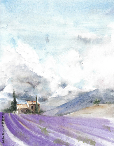 lavender-field-france-provence-cloud-sky-mountains-watercolor-painting-illustration