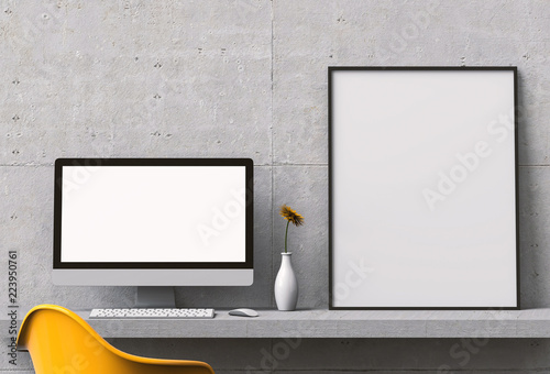 Mockup blank poster with desktop computer on desktop. 3D render. © srijaroen