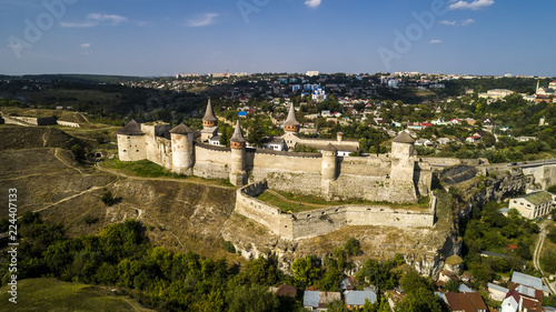 Aerial view of old fortress. Stone castle in the city of Kamenets-Podolsky. Beautiful old castle in Ukraine. © ronedya