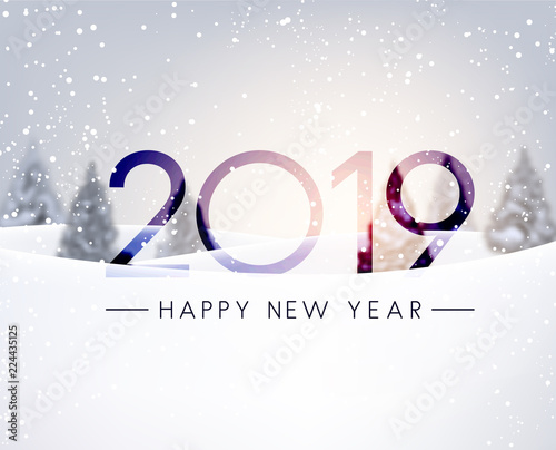 Blurred Happy New Year 2019 card with winter landscape. © Vjom