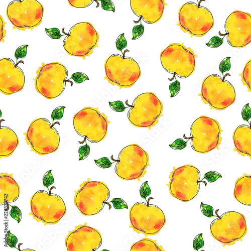 seamless-pattern-with-yellow-fresh-apples-and-green-leaves-on-white-background-hand-drawn-watercolor-and-ink-illustration