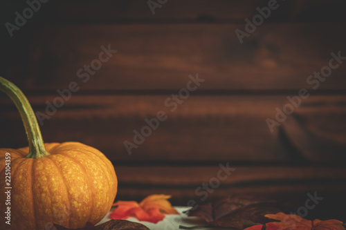 Thanksgiving or autumn background with pumpkins and fall foliage in front of a brown wooden background. © Donald