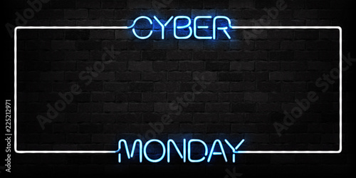Vector realistic isolated neon sign of Cyber Monday frame logo for decoration and covering on the wall background. Concept of electronics market, sale and discount.