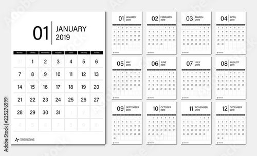 2019 calendar week start Monday corporate business luxury design layout template vector.