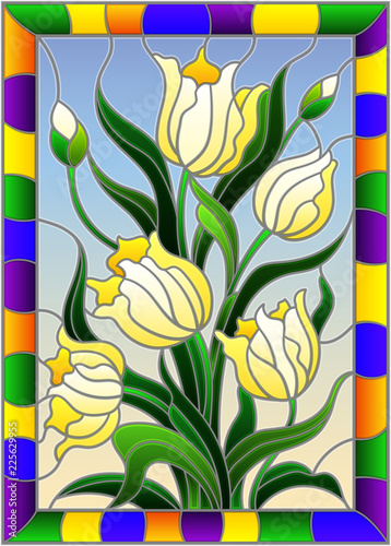 ilustracja-w-witrazu-stylu-z-bukietem-zolci-tulipany-na-blekitnym-tle