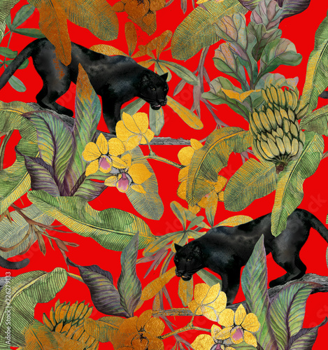 Tropical Leaves Bananas Panther And Orchid Seamless Vintage