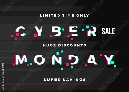 Cyber Monday Sale Abstract Vector Card, Flyer or Poster Template. Modern Typography, Pixels and Glitch Effect. Electronics Disqount Offer Banner. Dark Digital Background