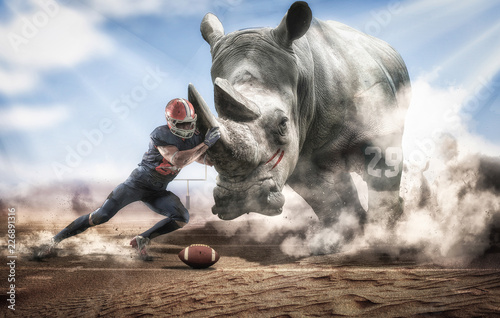 Brave American football player facing a big rhino