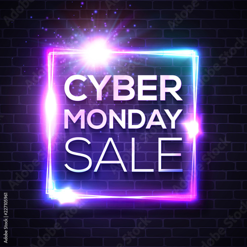 Neon sign with Cyber Monday text for decoration and covering on brick wall background. Advertising banner or flyer design template. Sale and discount concept. Realistic vector illustration.
