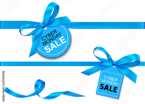 Decorative horizontal blue ribbon with bow and sale tag for cyber monday sale design. Vector decoration and label isolated on white background