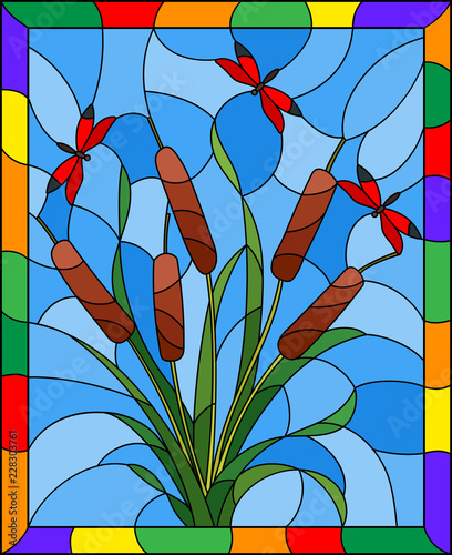 illustration-in-stained-glass-style-with-bouquet-of-bulrush-and-red-dragonflies-on-a-sky-background-in-bright-frame
