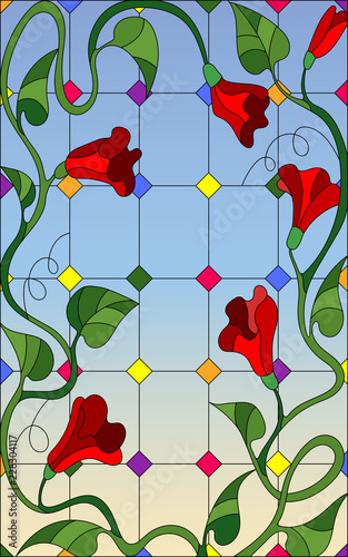 illustration-in-stained-glass-style-with-red-intertwined-flowers-and-leaves-on-window-and-sky-background