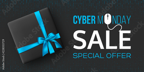 Cyber monday sale horizontal poster or banner for seasonal discounts. Black box with realistic silk blue bow on code background. Sale concept. Vector illustration.