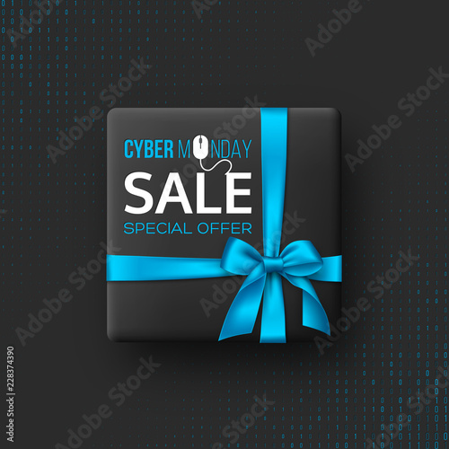 Cyber monday sale poster or banner for seasonal discounts. Black box with realistic silk blue bow on code background. Sale concept. Vector illustration.