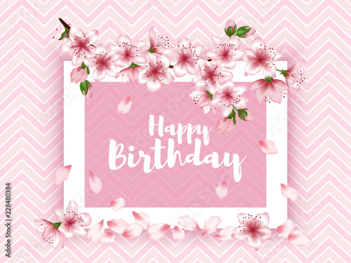 Happy Birthday vector card. Japanese cherry blossom pink sakura flowers ...