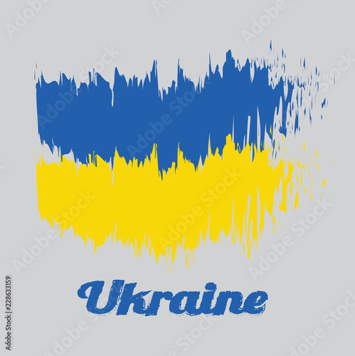 Brush style color flag of Ukraine, it is a banner of two equally sized horizontal bands of blue and yellow with text Ukraine. © Achisatha